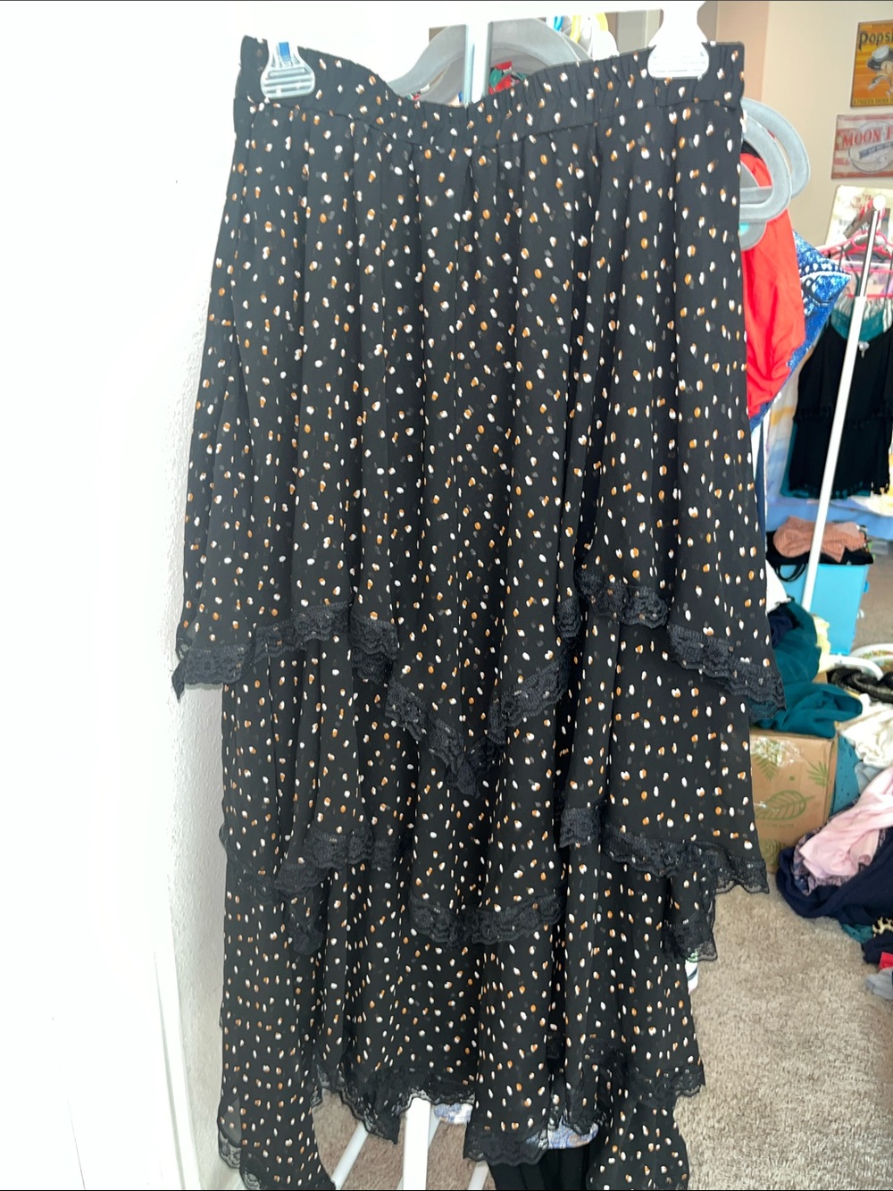Black High-Low Tiered Skirt with Tan Dot Print